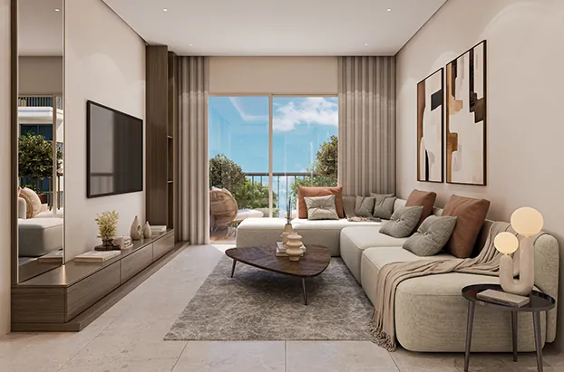 Séjour lumineux d'un appartement Zoya à l'éco-cité Zenata