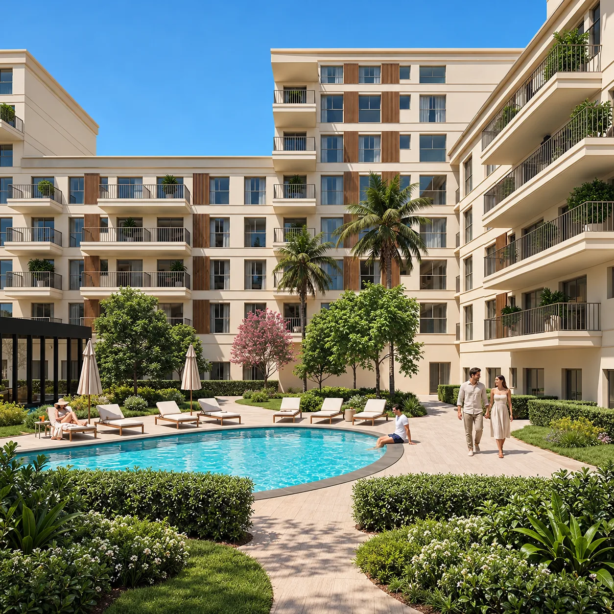 Cour résidentielle avec piscine de la résidence Zoya, éco-cité Zenata